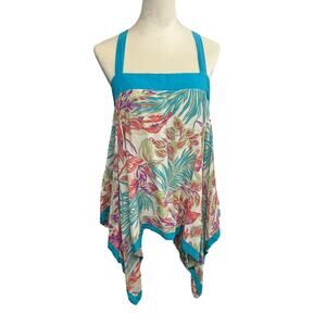 Boho Resort Silk Tank Top Hilo Hattie Tropical Floral Handkerchief Hem XL